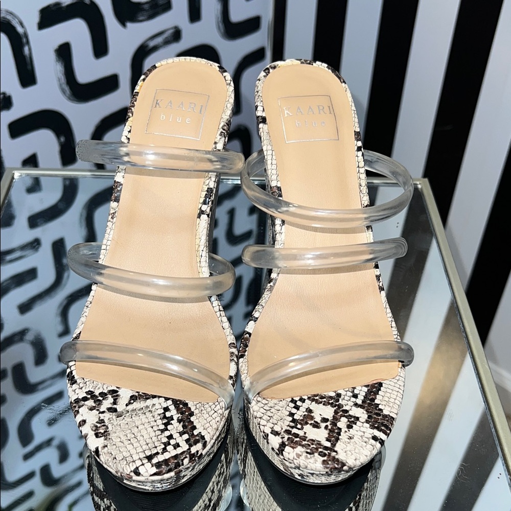 Kaari Blue Black and White Patterned Heels with Clear Straps